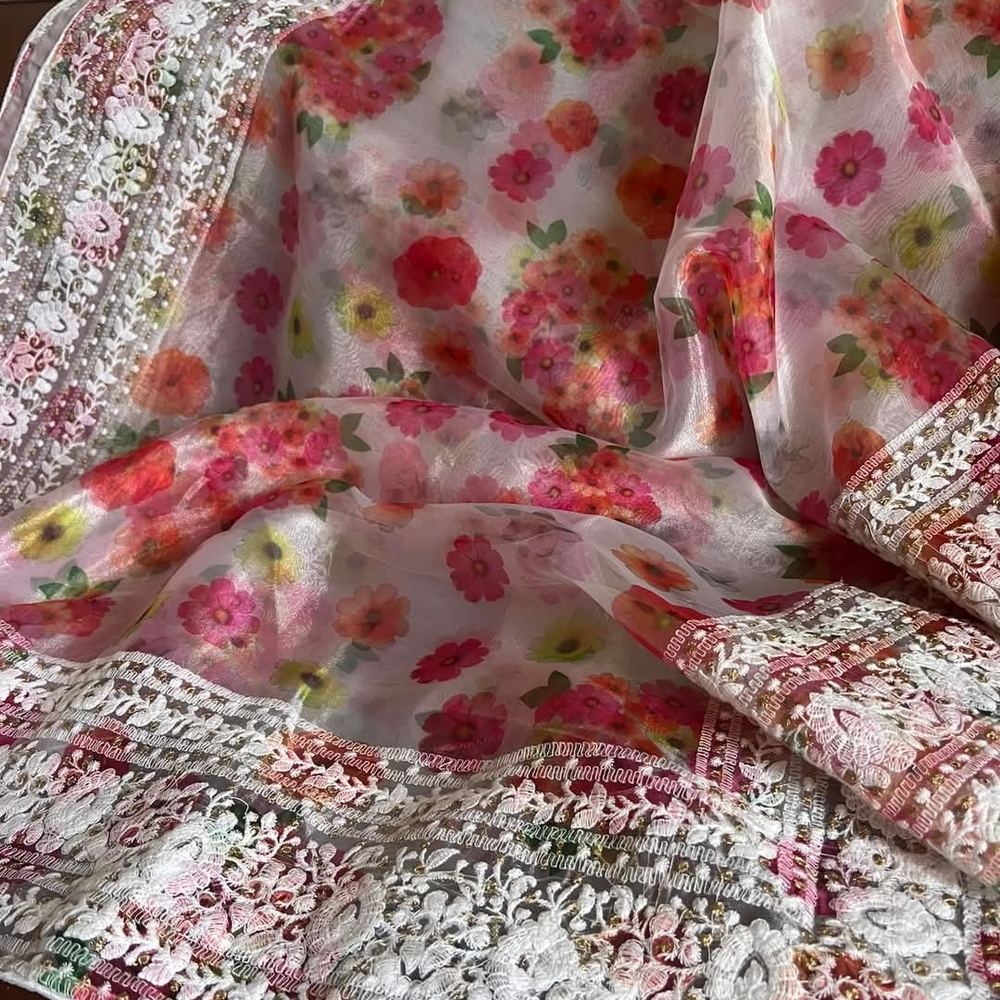 Floral Print Organza Saree With Embroidery